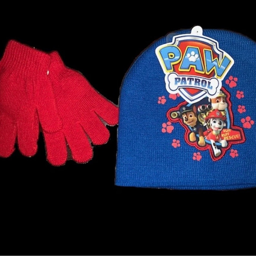 Paw Patrol Toddler Boys Royal Blue Knit Hat PLUS Red Gloves Set New With Tag